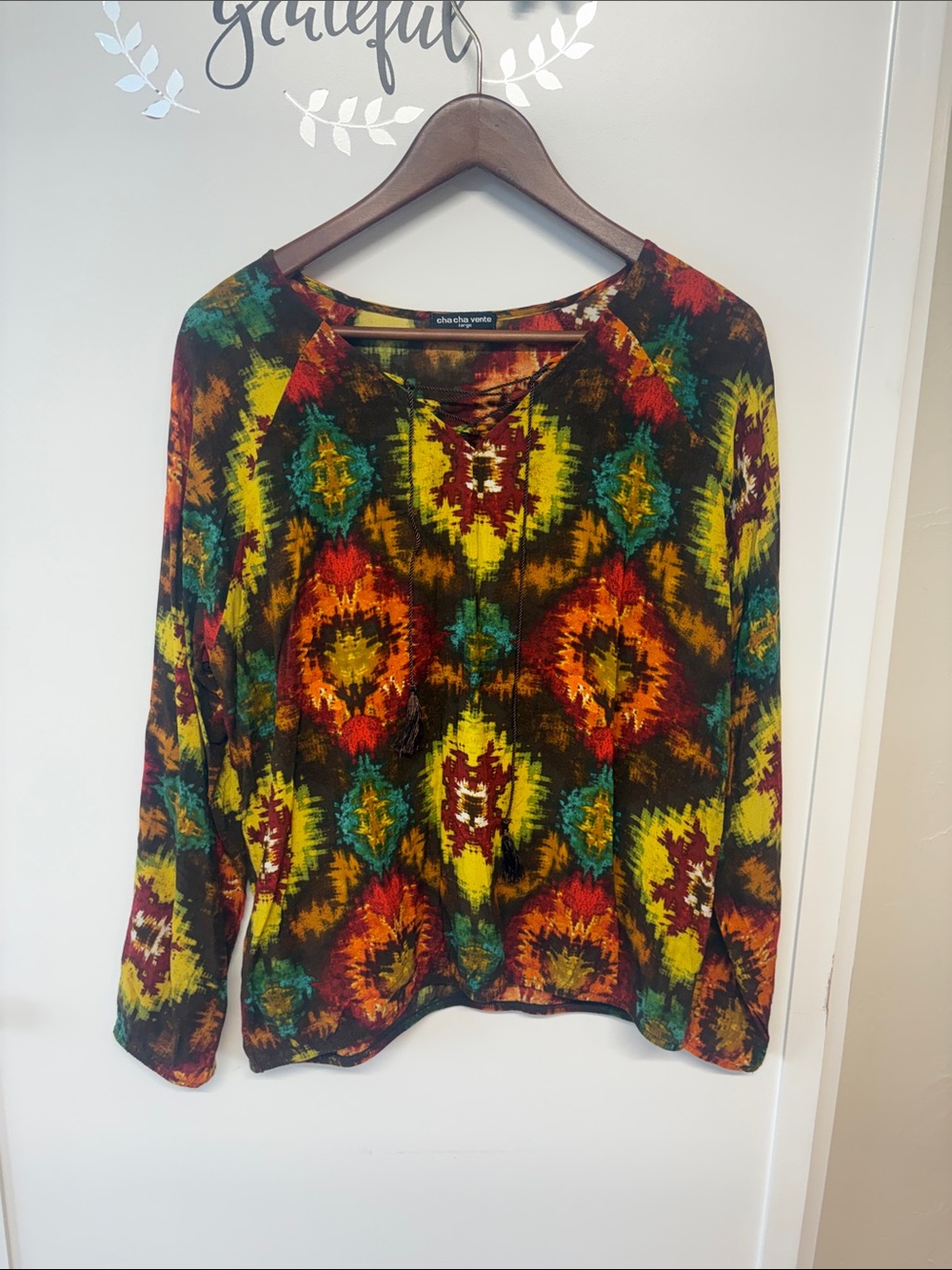 cha cha vente Multicolor Ikat Lace-Up Tunic — Green, Yellow, Red, Teal